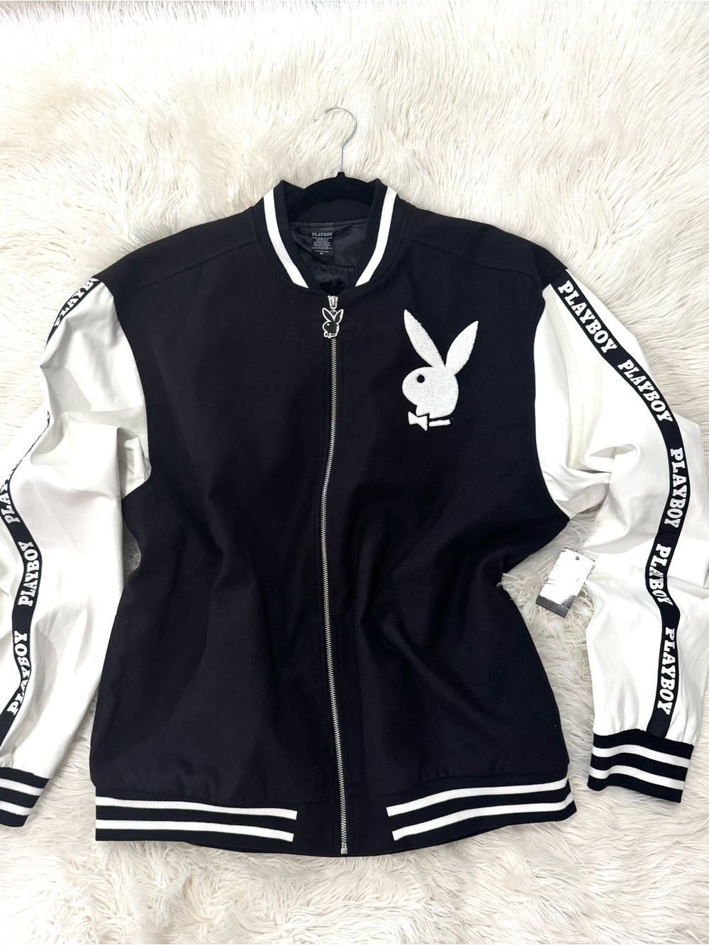 PLAYBOY Black and White Varsity Jacket with Bunny Logo